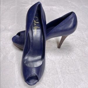 Cole Haan Blue Purple Hue Peep Toe Platform Heels Size 9 Buttery Soft Leather